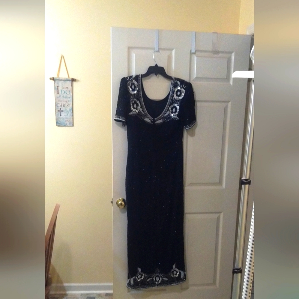 Laurence Kazar Black Sequin And Beaded Formal Dress with Pearl & Silver Accents